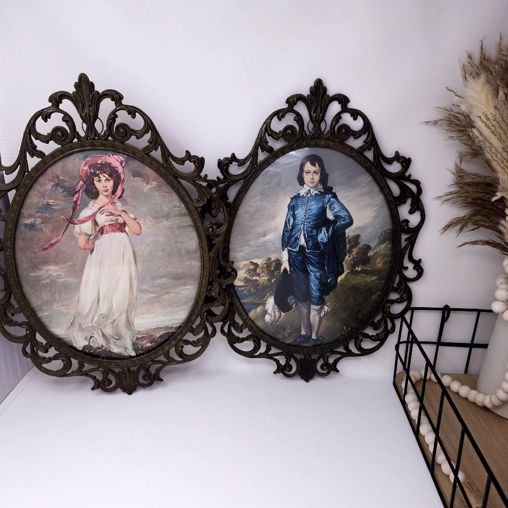Vintage Victorian Pinky and Blue Boy Painting Prints Concave Glass Brass Frame